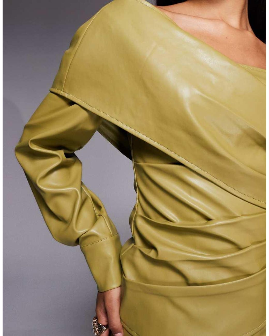 ASOS Green Pu One Shoulder Pleated Top