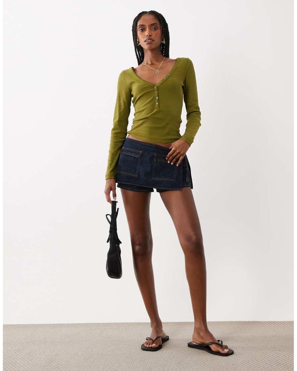 Miss Selfridge Green Long Sleeve V Neck Henley Top