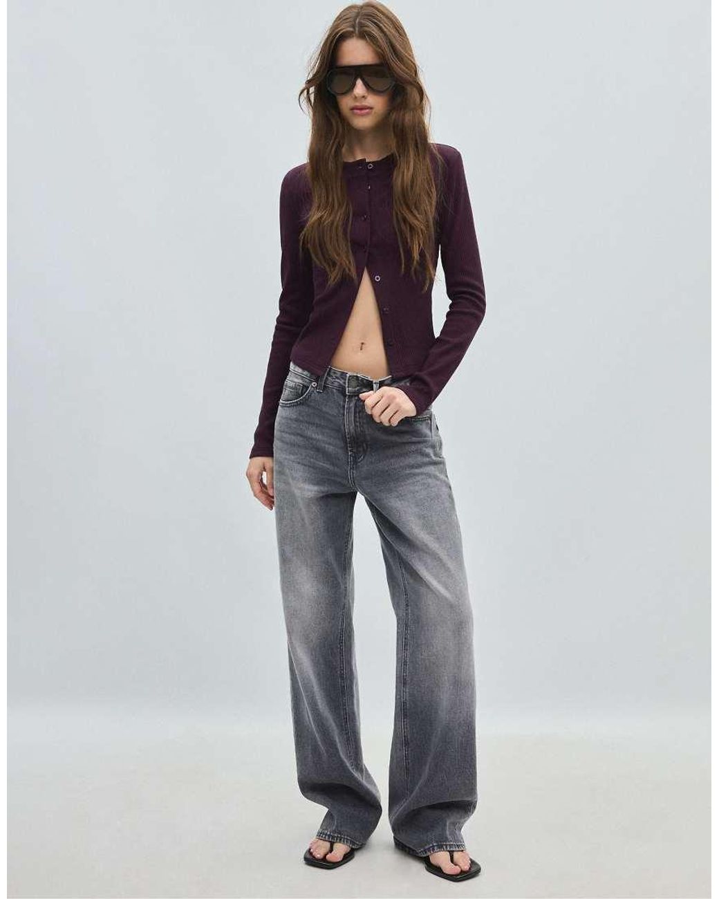 Stradivarius Purple Knit Cardigan With Shoulder Pads