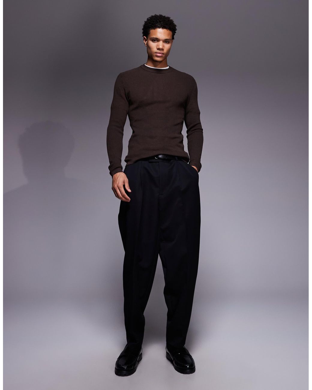 T-shirt près du corps en maille avec manches longues et col ras ASOS pour homme en coloris Gray