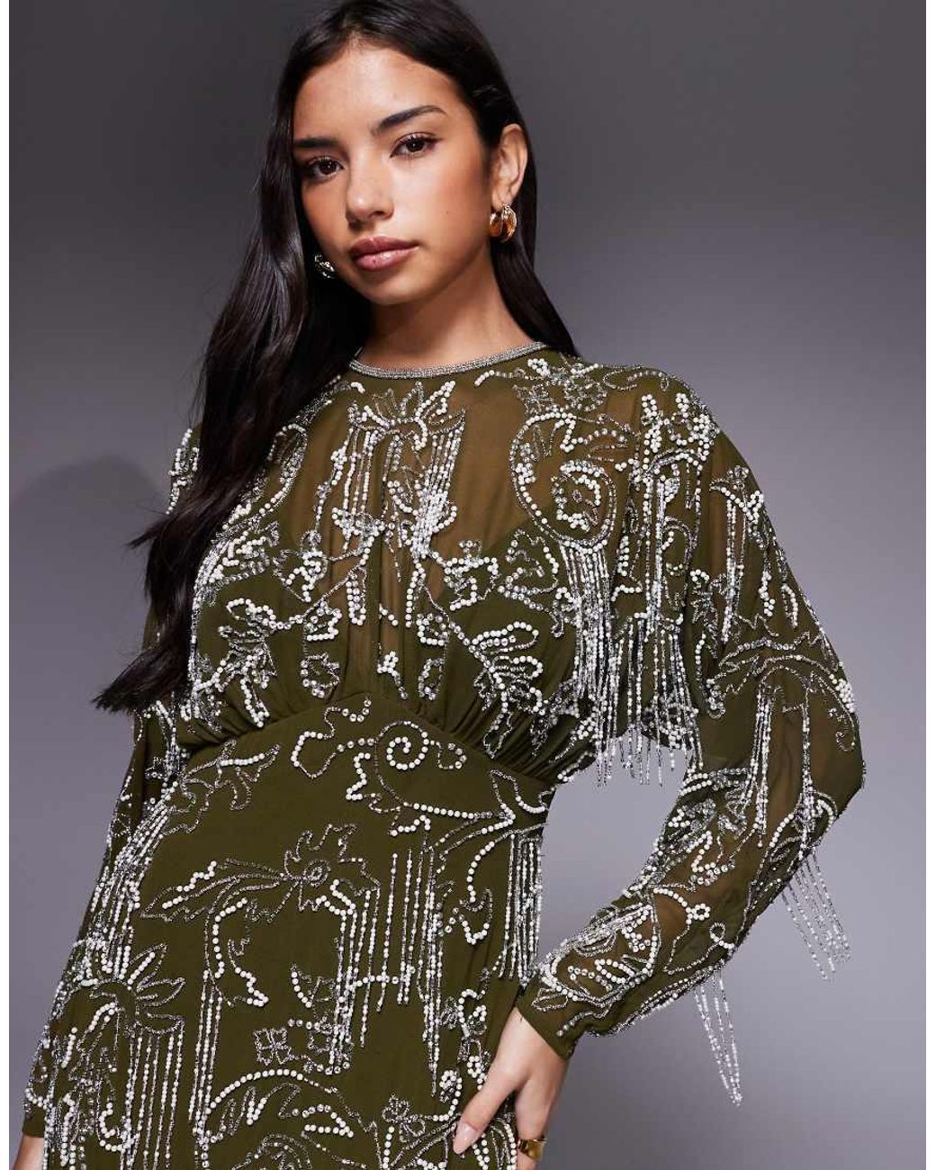 ASOS Green Long Sleeve All Over Fringe Embellished Maxi Dress