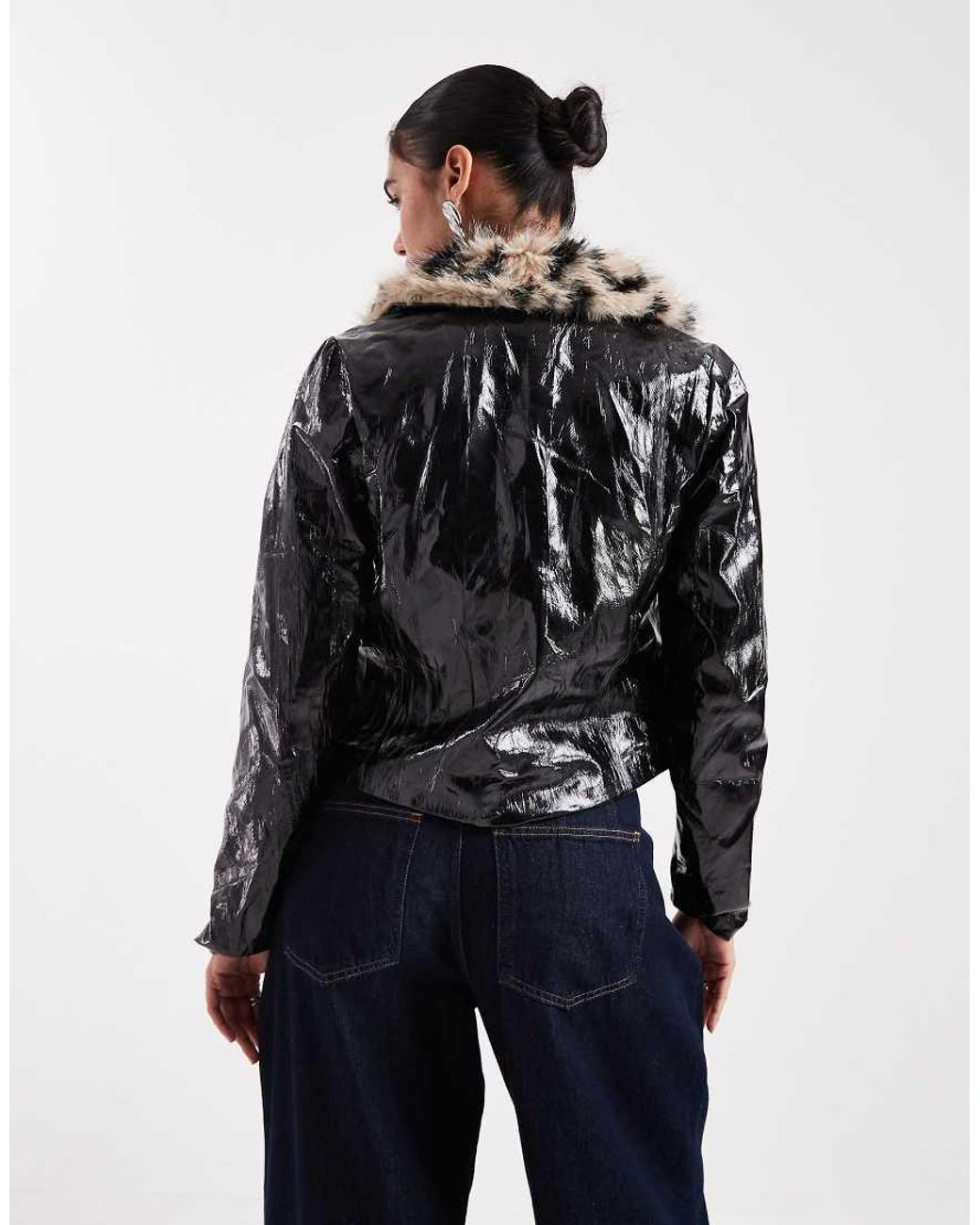Sister Jane Black Crinkle Pu Jacket With Leopard Faux Fur Collar