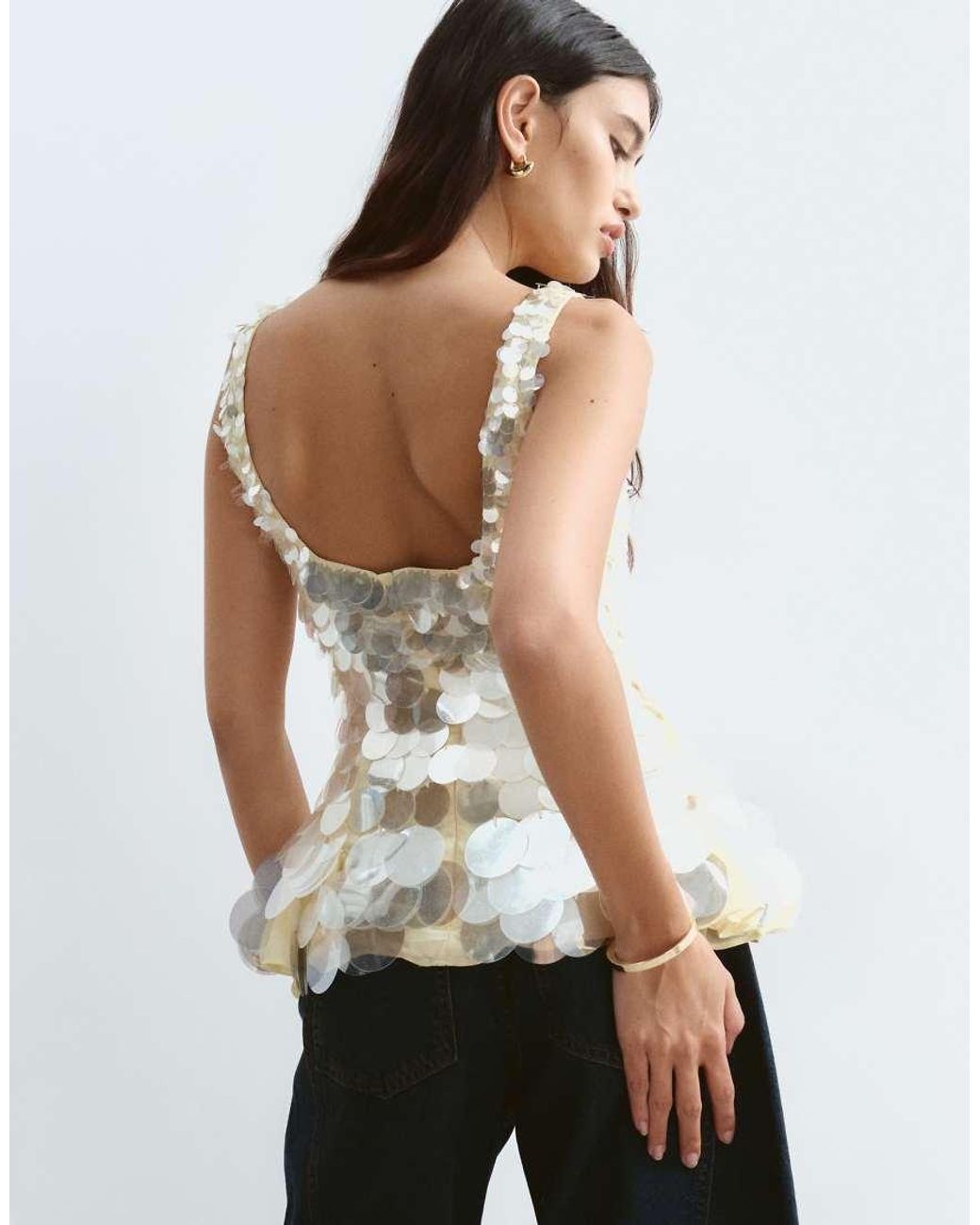 ARRANGE White Embellished Disc Sequin Square Neck Top