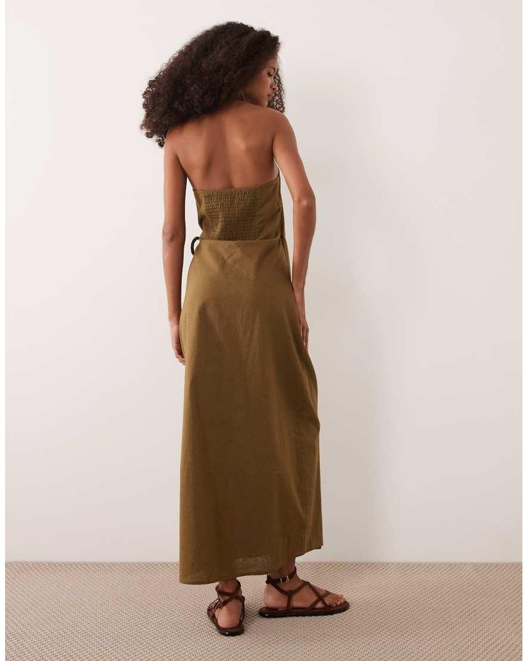 ASOS Brown Cotton Linen Halter Neck Wrap Maxi Sundress