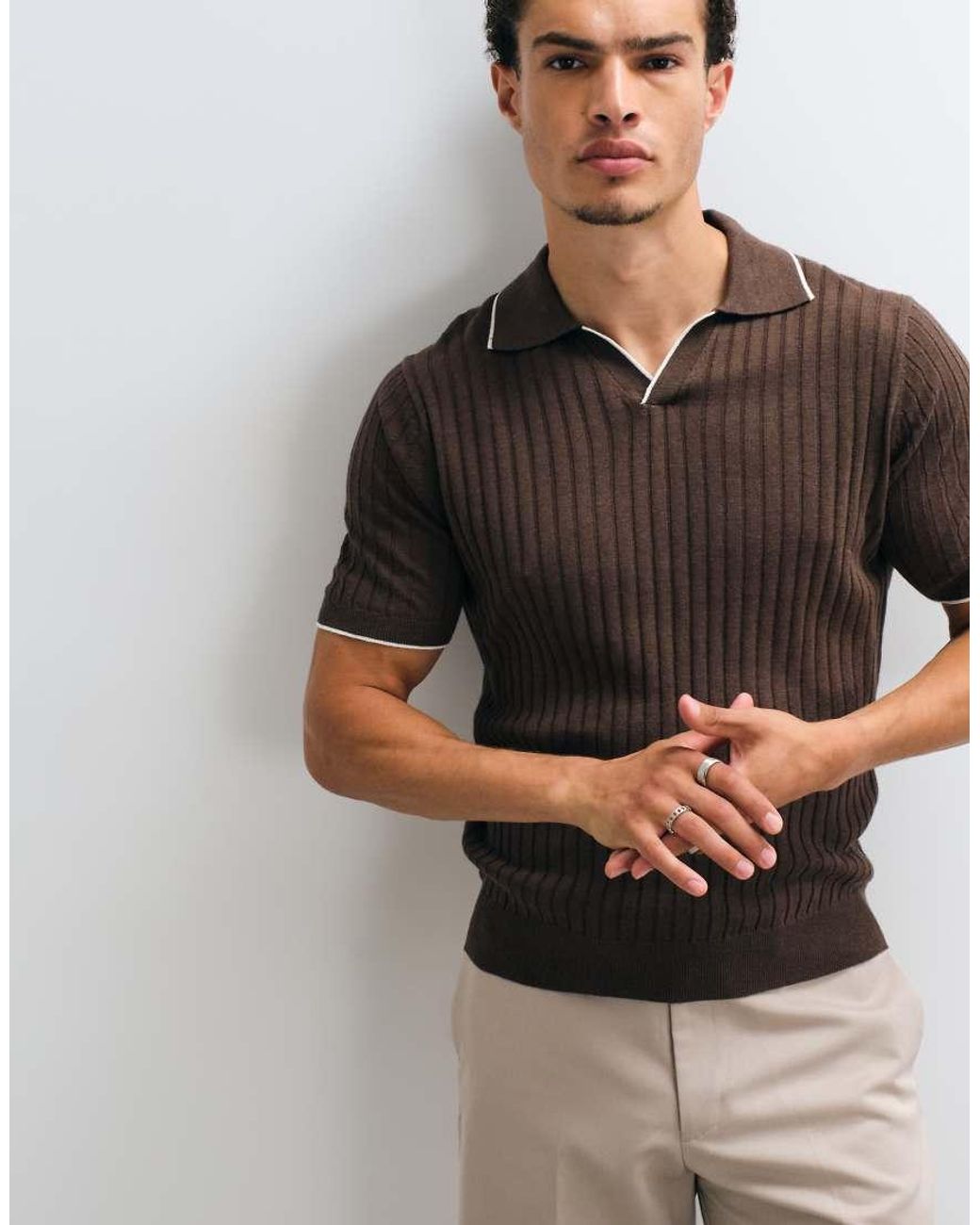 Mango Brown Short Sleeve Polo Top for men