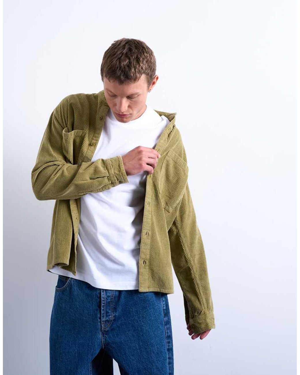 Topman Green Regular Fit Cord Shirt for men