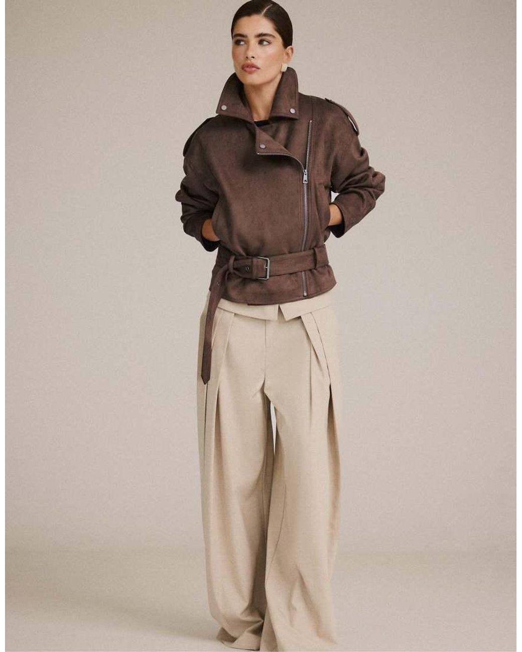 Stradivarius Natural Biker Jacket With Belt