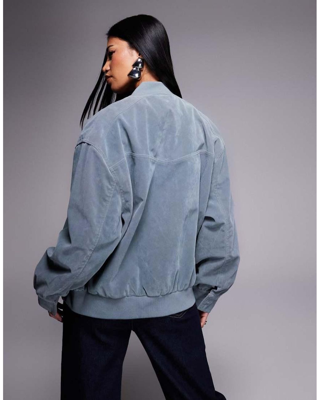 Kaiia Blue Exclusive Faux Suede Bomber Jacket