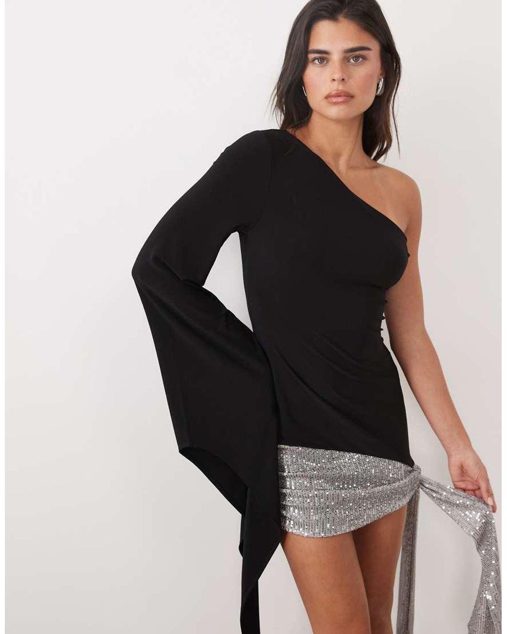 ASOS Black Sculpting Asymmetric Drape Sequin Scarf Mini Dress