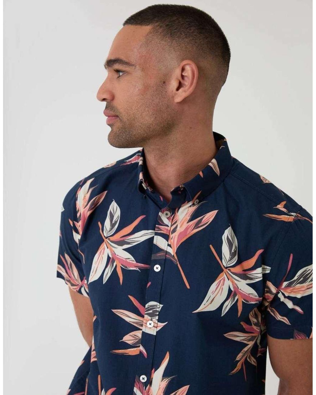 Threadbare Blue Tropical Leaf Print Cotton Short Sleeve Shirt for men