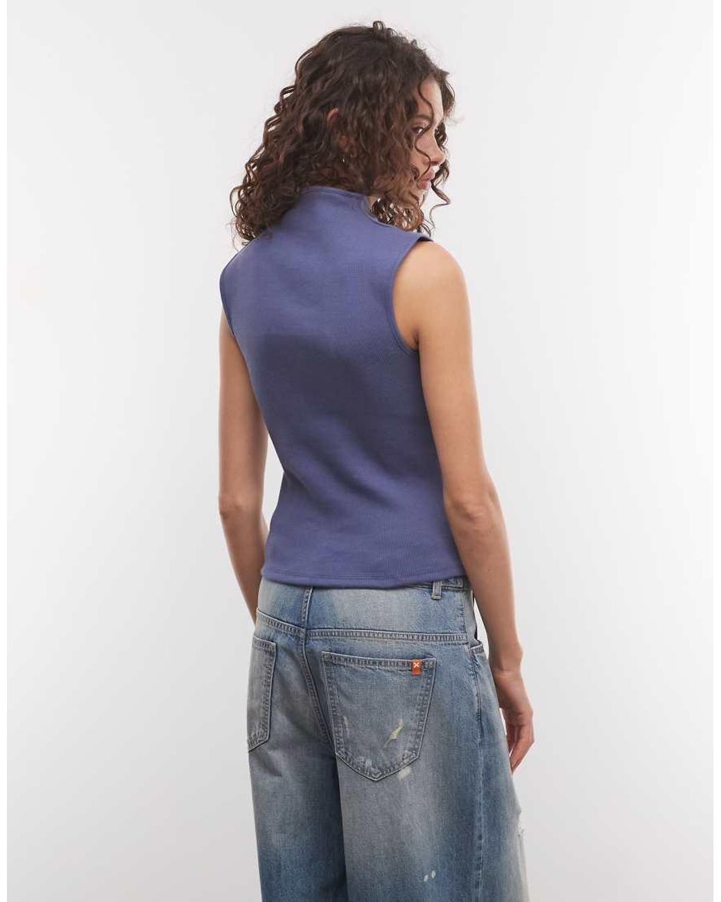 Weekday Blue Asymmetric Button Down Mock Neck Top