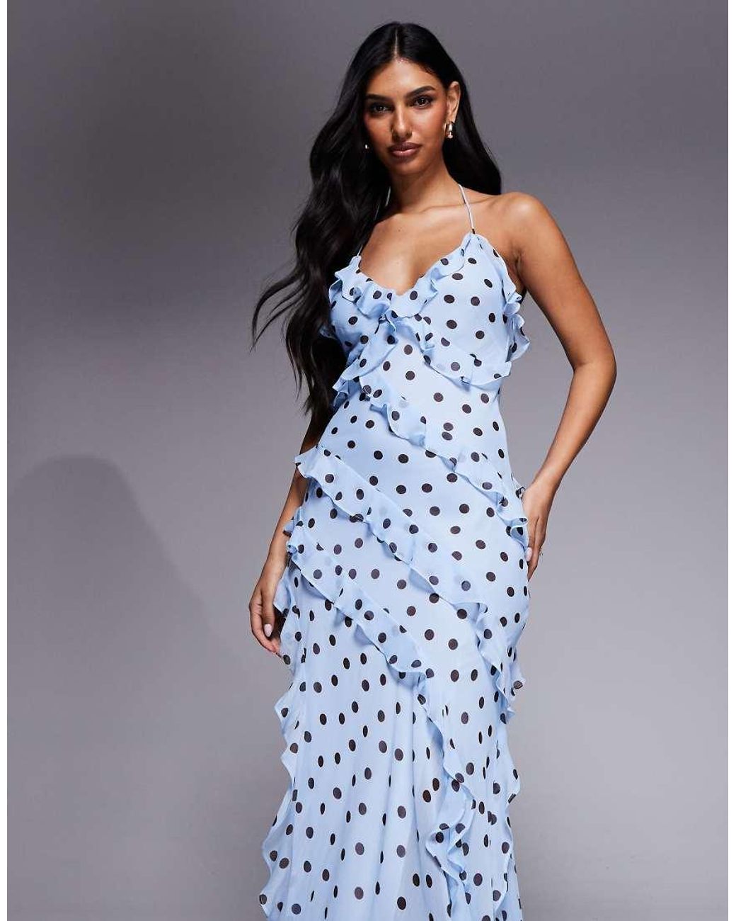 Forever New Blue Low Back Halter Neck Ruffle Maxi Dress