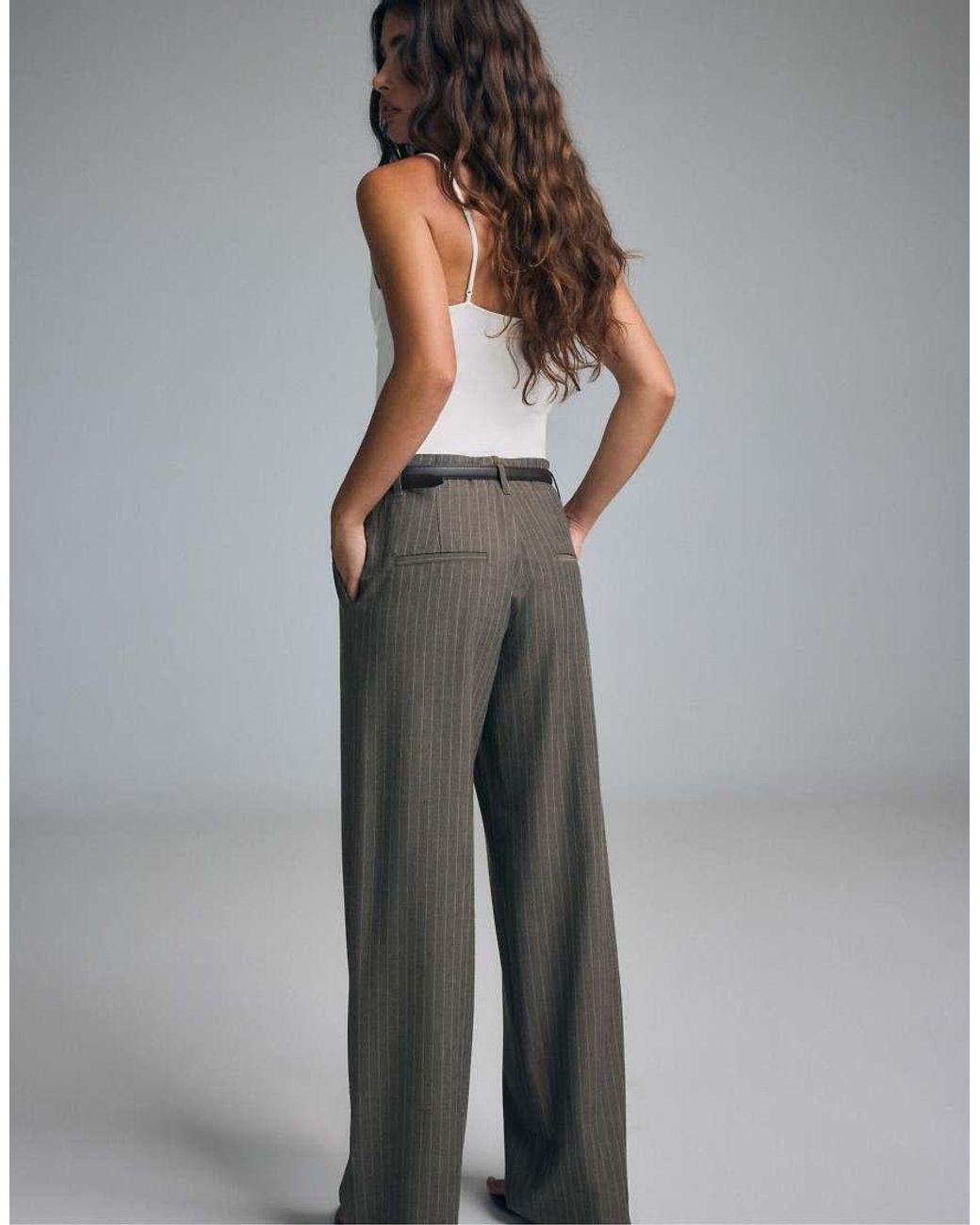 Stradivarius Gray Flowing Striped Straight-leg Trousers