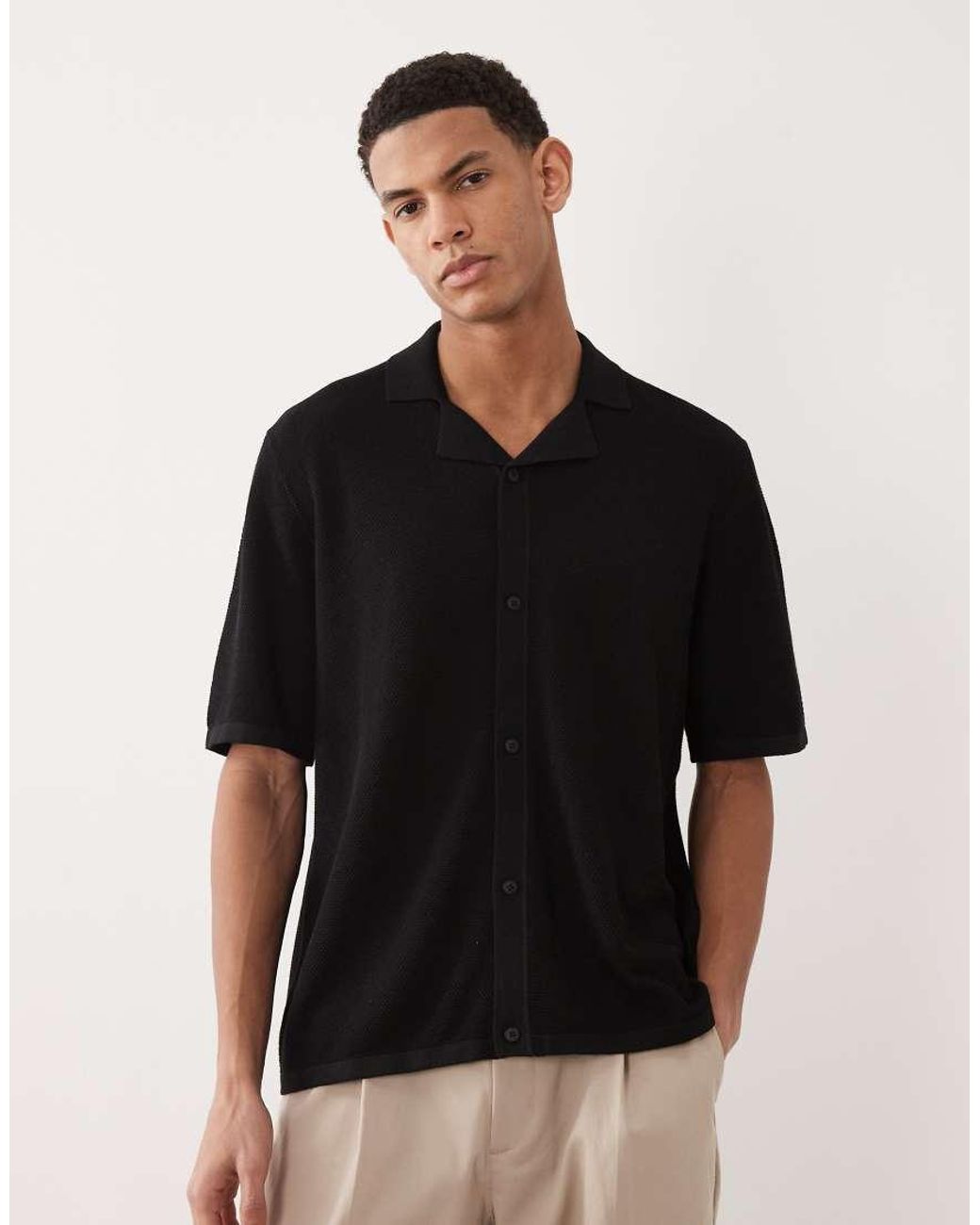 Jack & Jones Black Knitted Button Through Revere Collar Shirt for men