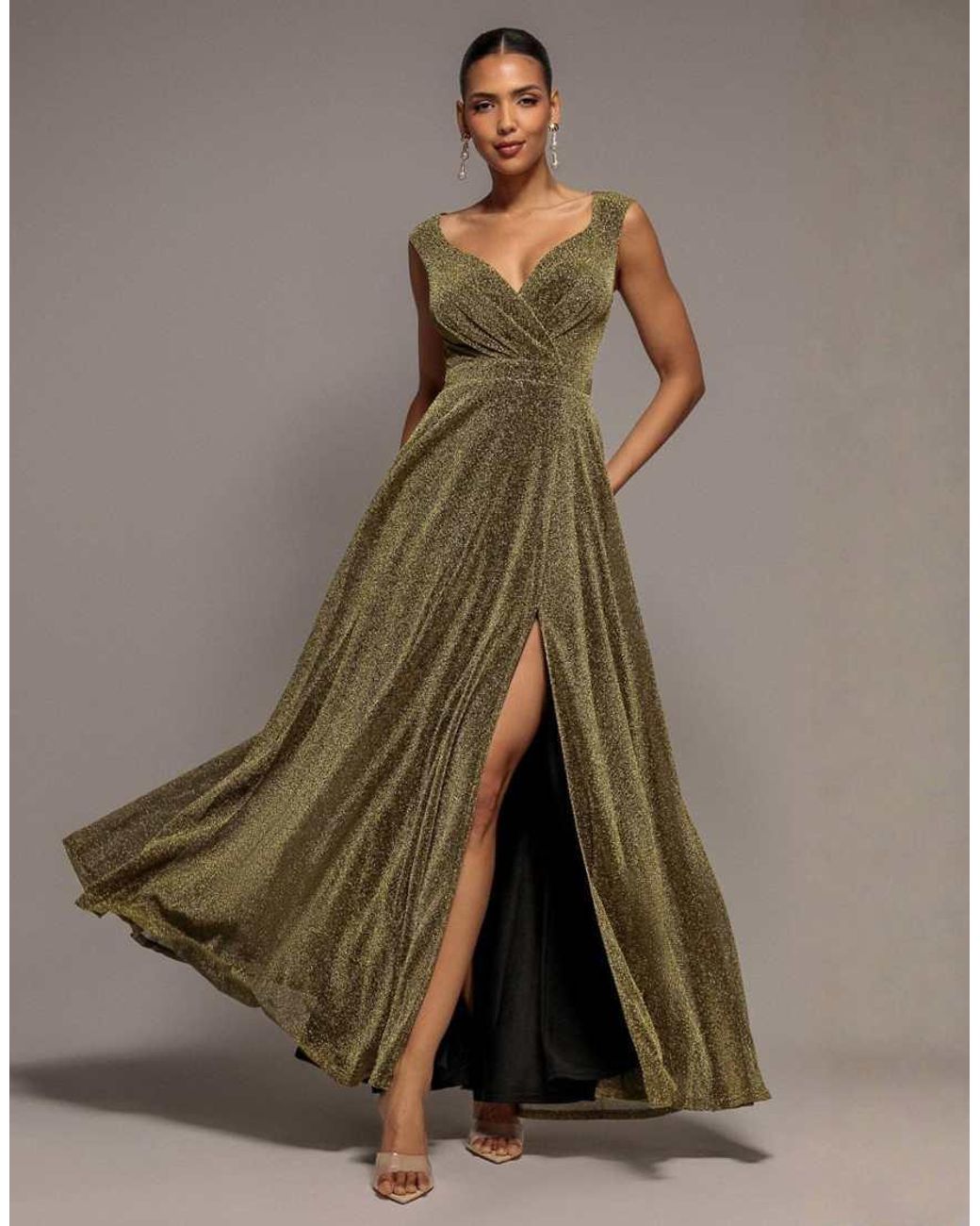 Goddiva Brown Crossover Lurex Glitter Maxi Dress