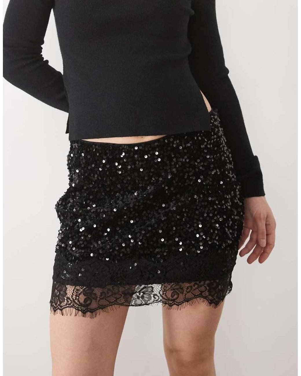 Vila Black High Waist Sequin & Velour Mini Skirt With Lace Trim
