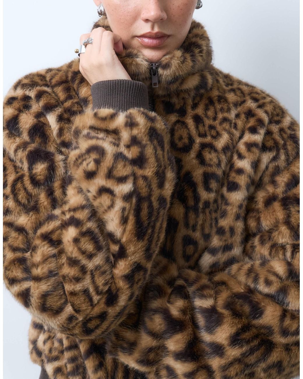 Collusion Gray Funnel Neck Zip Through Fur Jacket