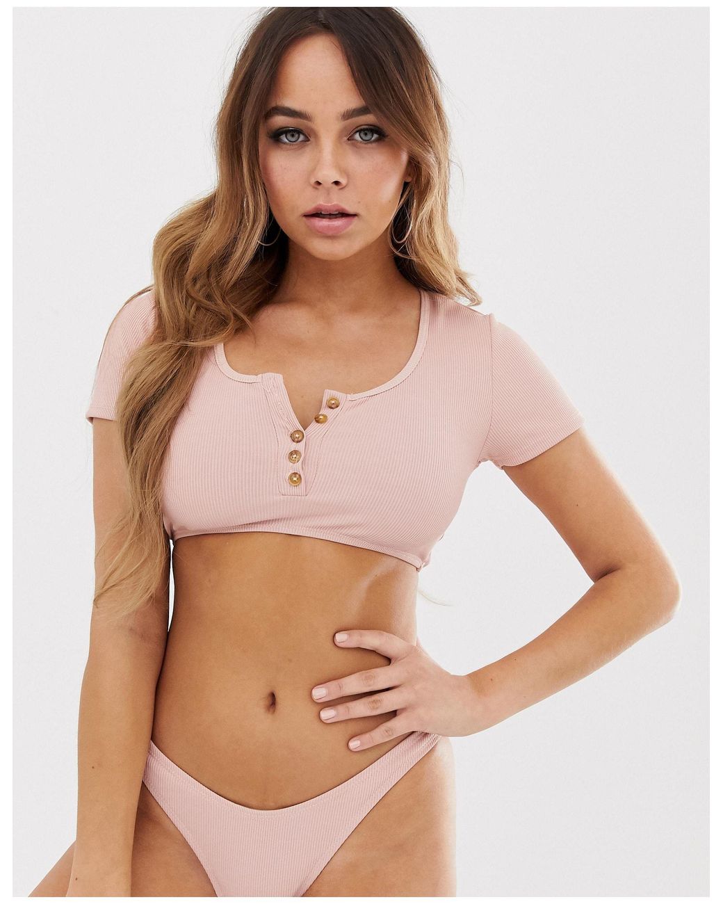 Missguided Button Down T-shirt Bikini Top in Pink | Lyst