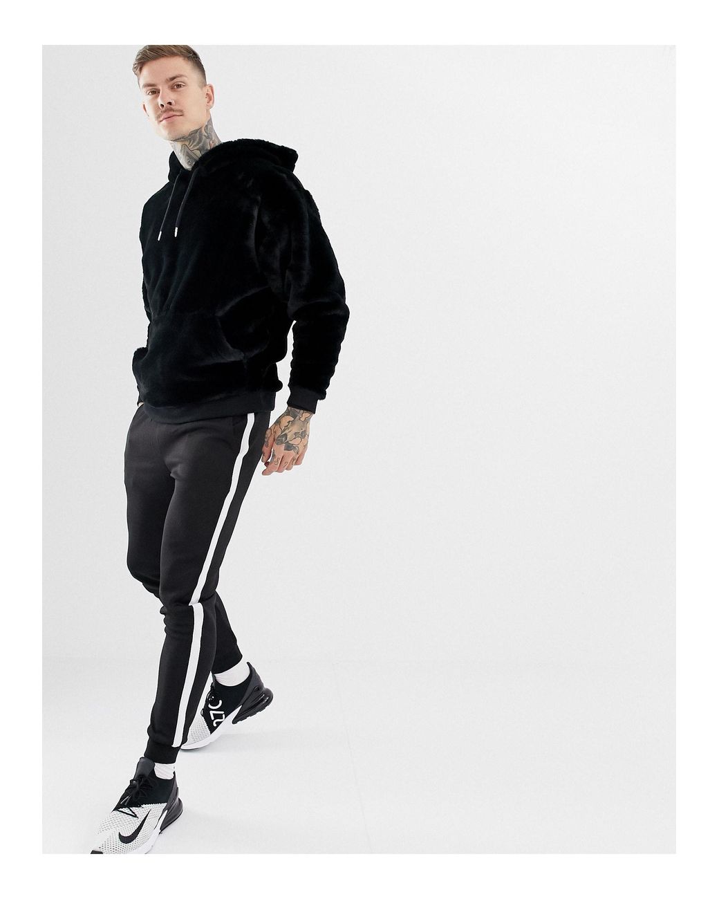 black faux fur hoodie men's