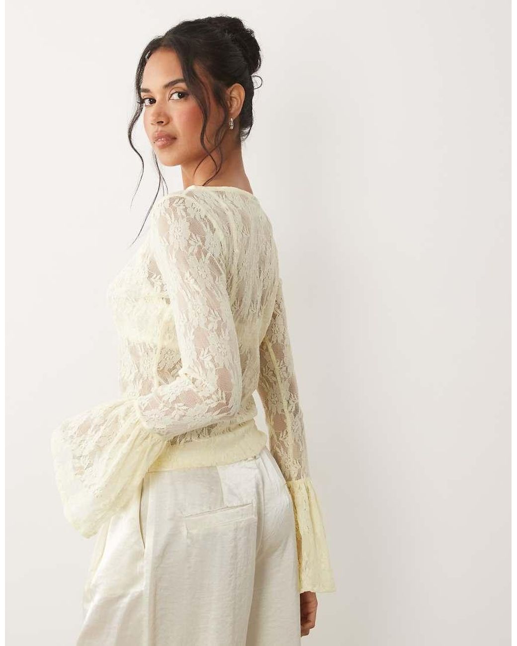 ASOS Natural Sheer Lace Fluted Cuff Top