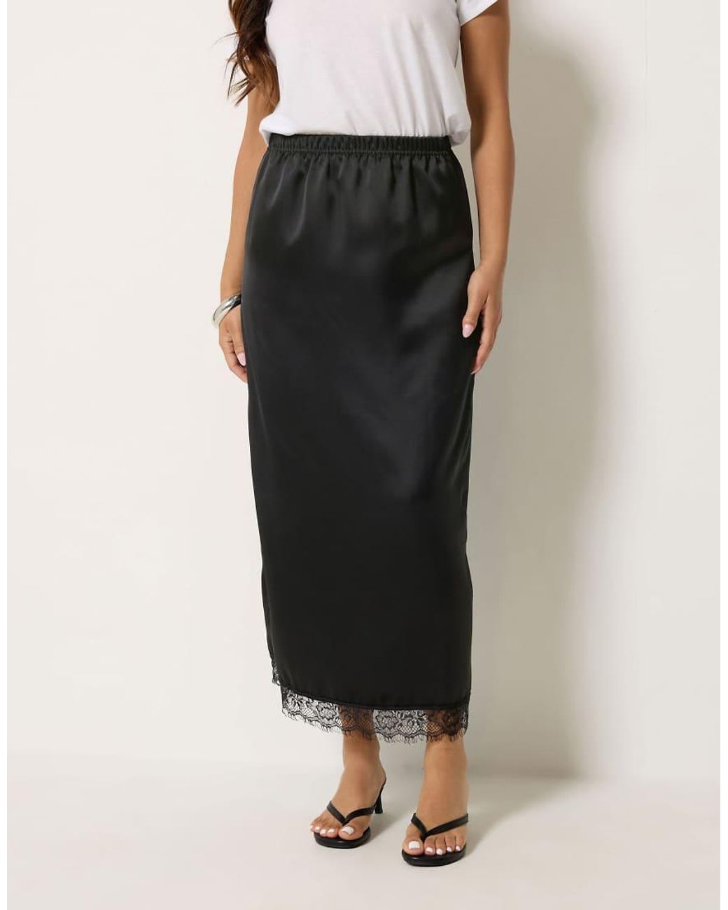 PixieGirl Black Petite Lace Hem Satin Maxi Skirt
