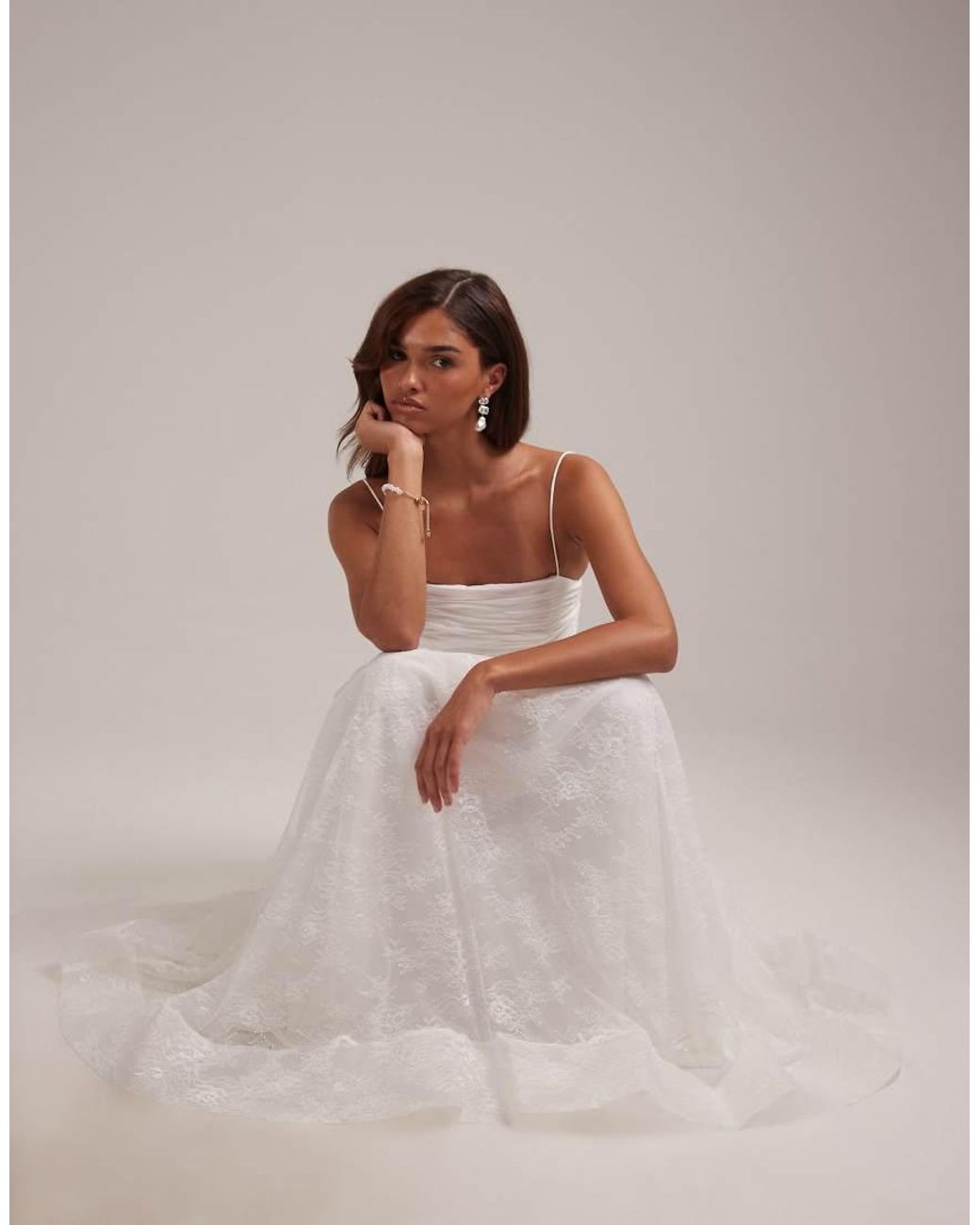ASOS White Bridal Ruched Bust Cami Wedding Maxi Dress With Full Lace Skirt