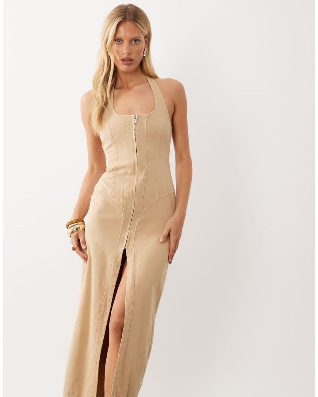 ASOS Natural Zip Front Denim Maxi Dress