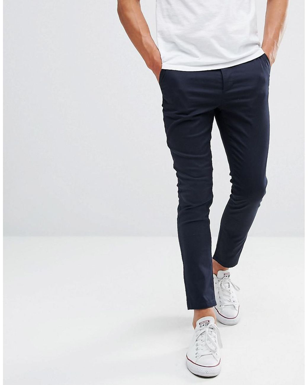 ASOS Cotton Super Skinny Cropped Chinos In Navy in Blue for Men - Lyst