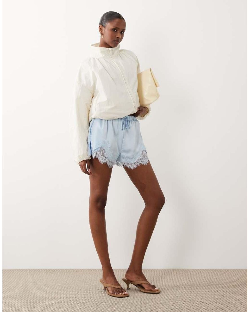 Noughts & Kisses Blue Lace Trim Tie Waist Satin Shorts