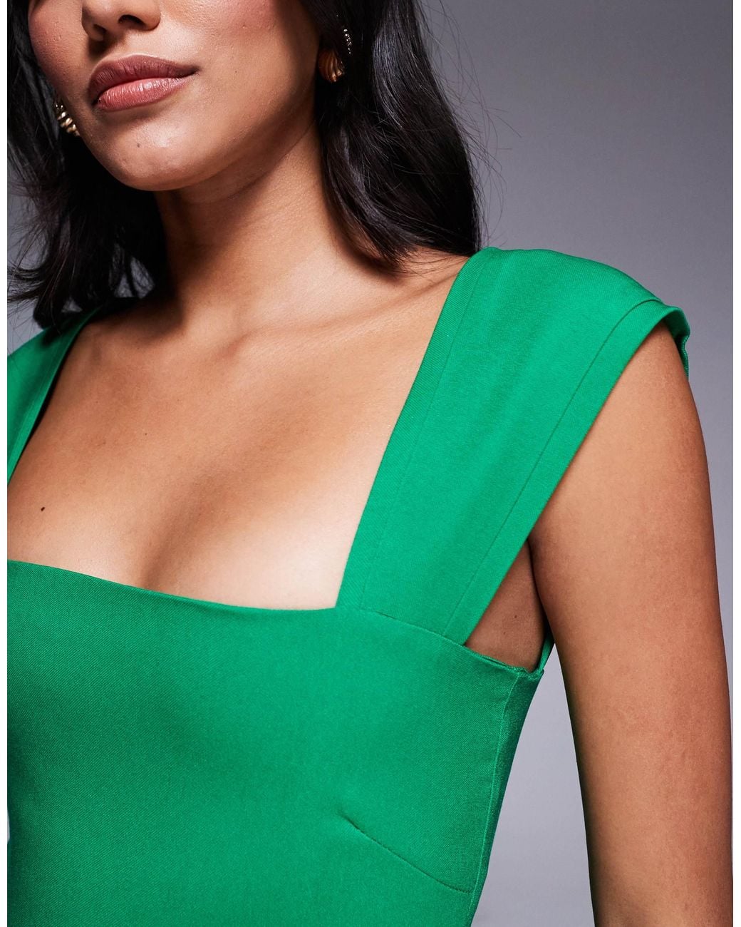 Vesper Bengaline Square Neck Thigh Split Midi Dress in Green | Lyst