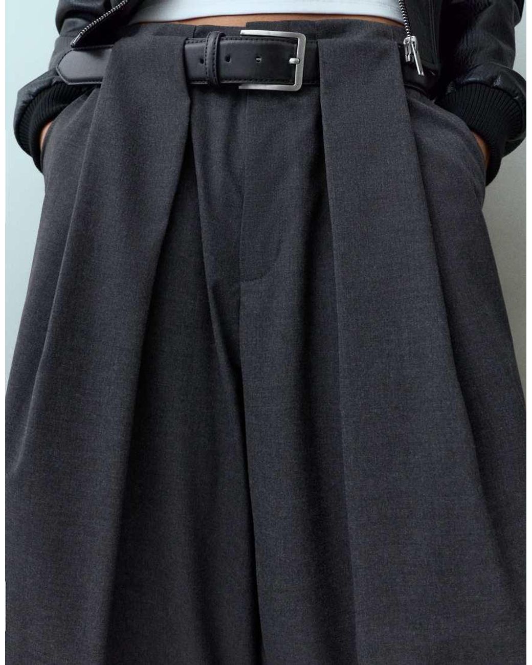 Pull&Bear Blue High-waist Barrel Trousers With Pleats And Belt