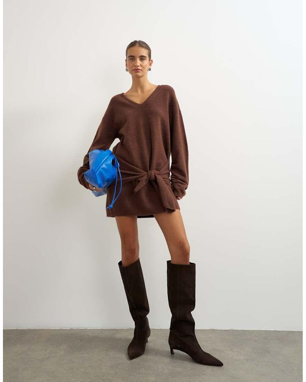 TOPSHOP Brown Knitted Tie Front Long Line Mini Jumper Dress