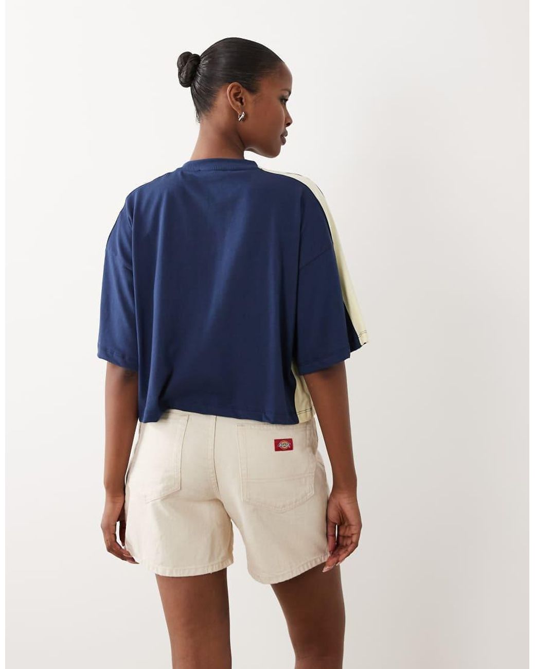 The Frolic Blue Exclusive V-neck Graphic Front Contrast Yellow Trim Cropped Football Jersey
