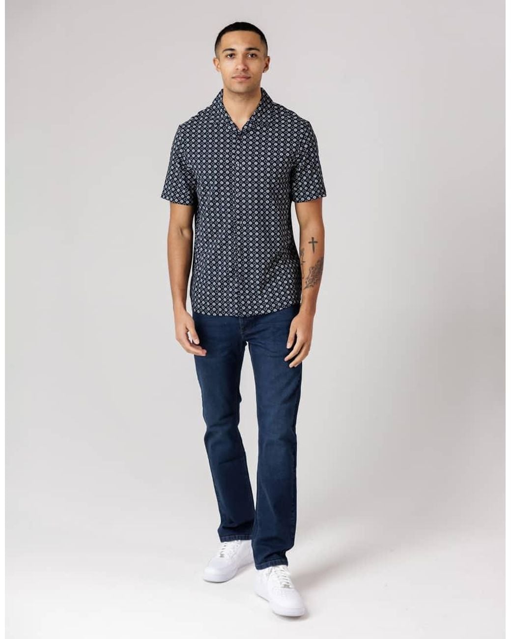 French Connection Blue Square Floral Print Short Sleeve Shirt for men