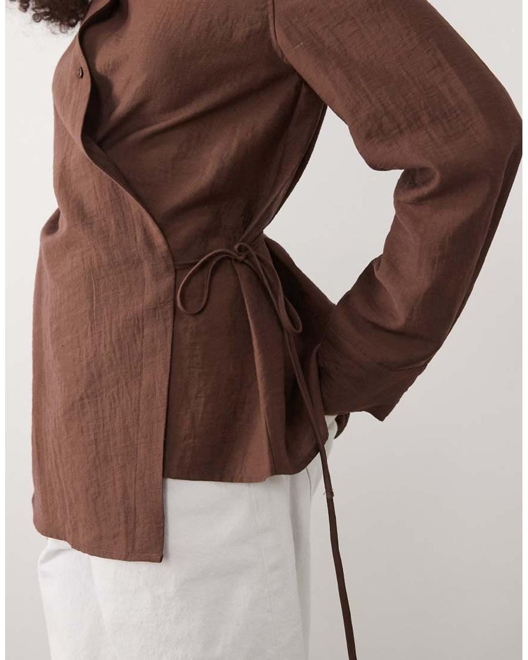 Mango Brown Linen Mix Long Sleeve Shirt With Side Tie