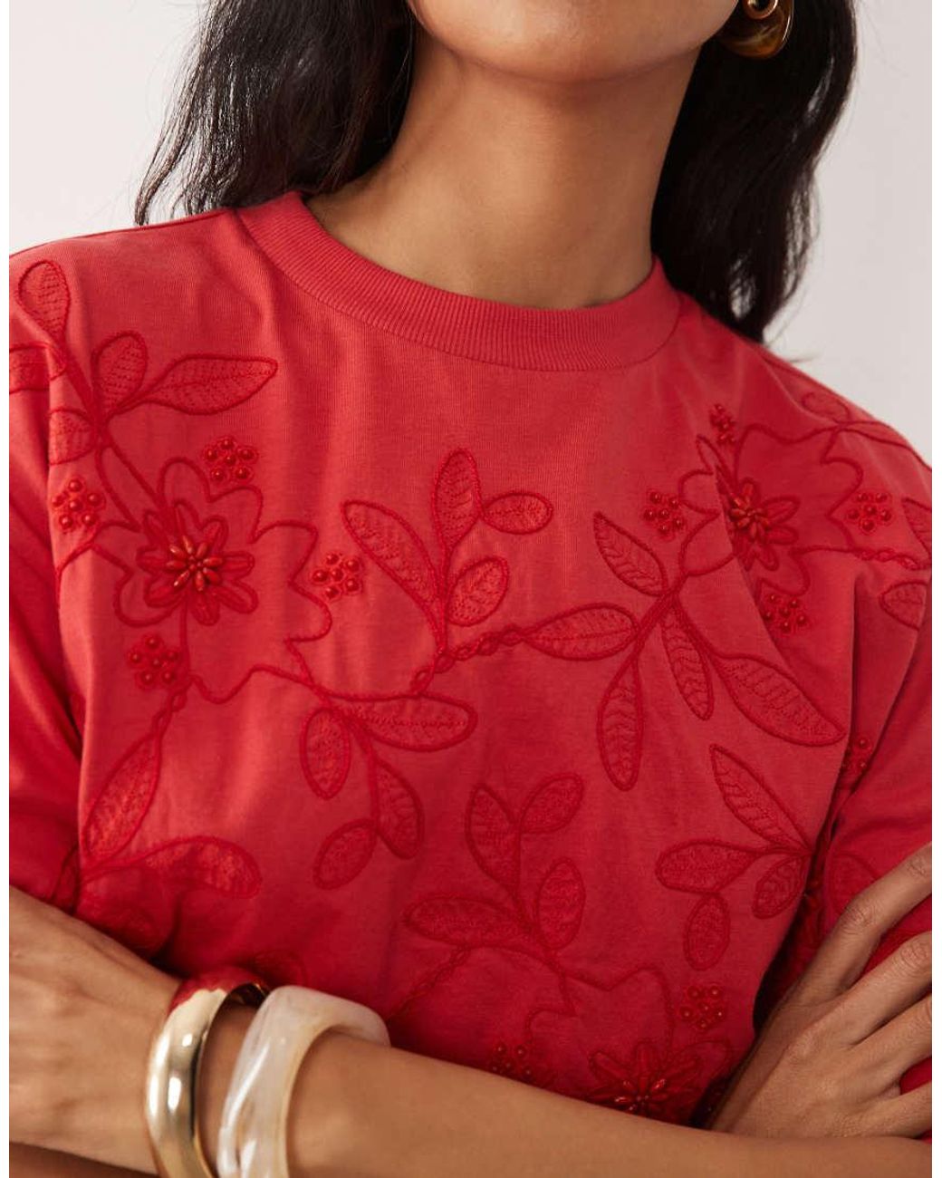 ASOS Red Boxy Tee With Embellished Beaded Flowers