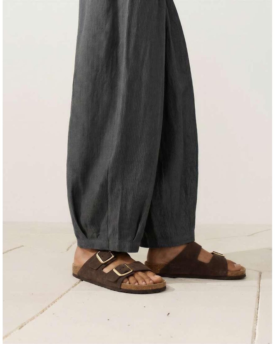 Oysho Brown Buckle Split-Leather Slides