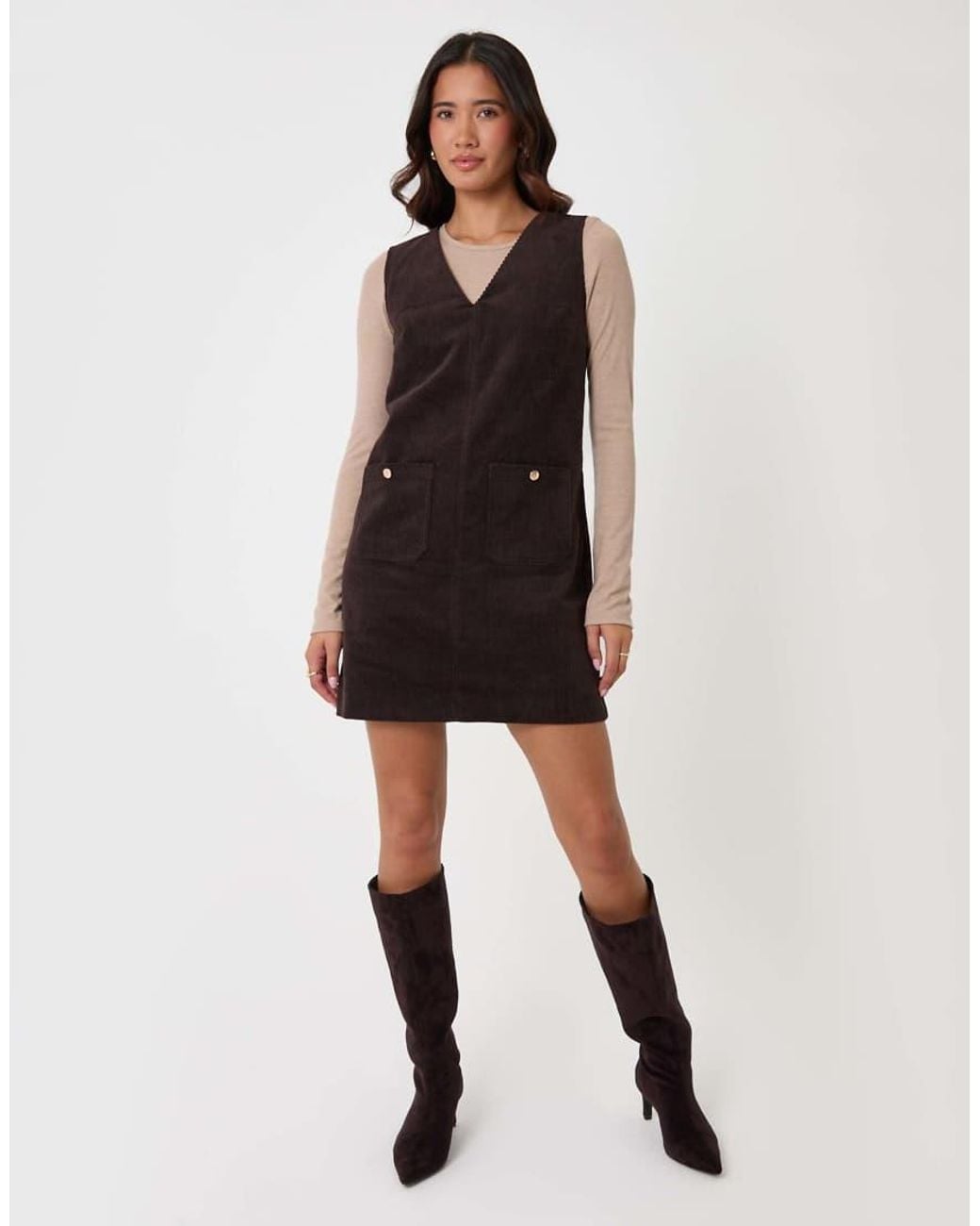Threadbare Black Corduroy V Neck Mini Dress