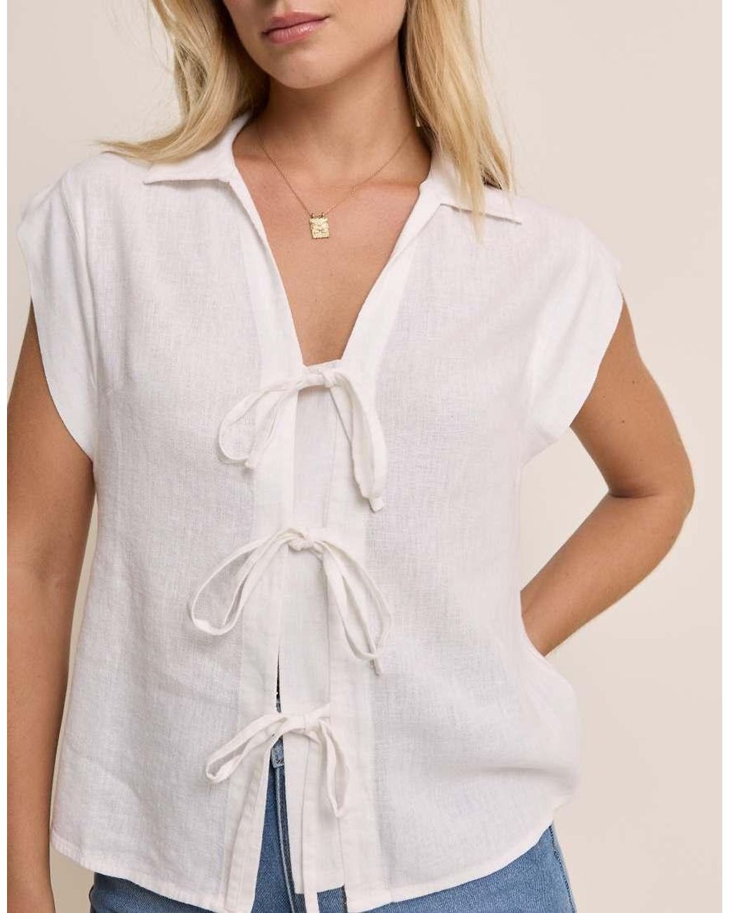 Nobody's Child Blue Ember Linen Blend Collar Detail Tie Front Top