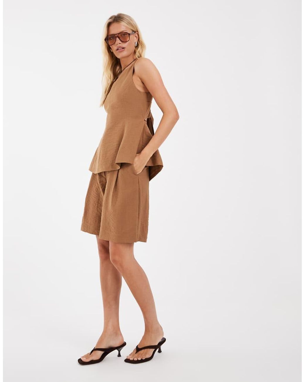 Object Natural Crinkle Textured Tailored Tie Back Peplum Hem Top Co-ord