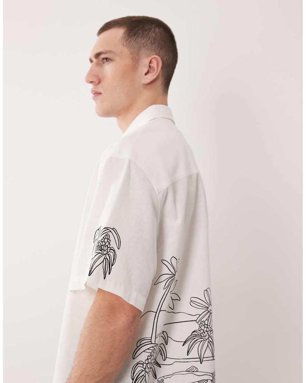 ASOS Natural Boxy Oversized Shirt With Linen And Back And Sleeve Print for men