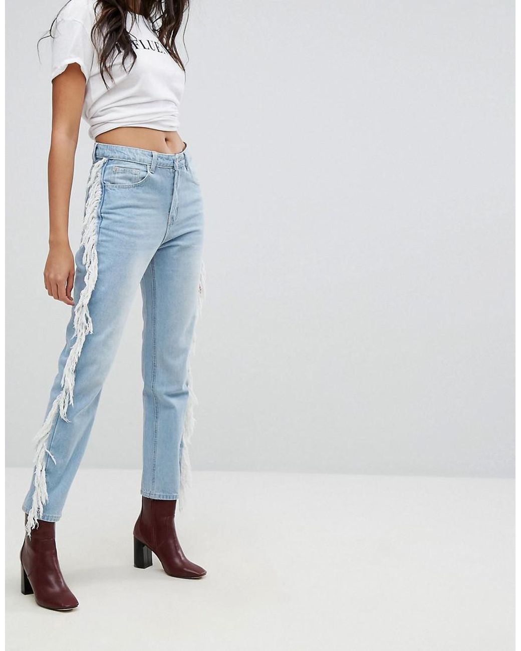 PrettyLittleThing Denim Fray Side Jeans in Blue | Lyst