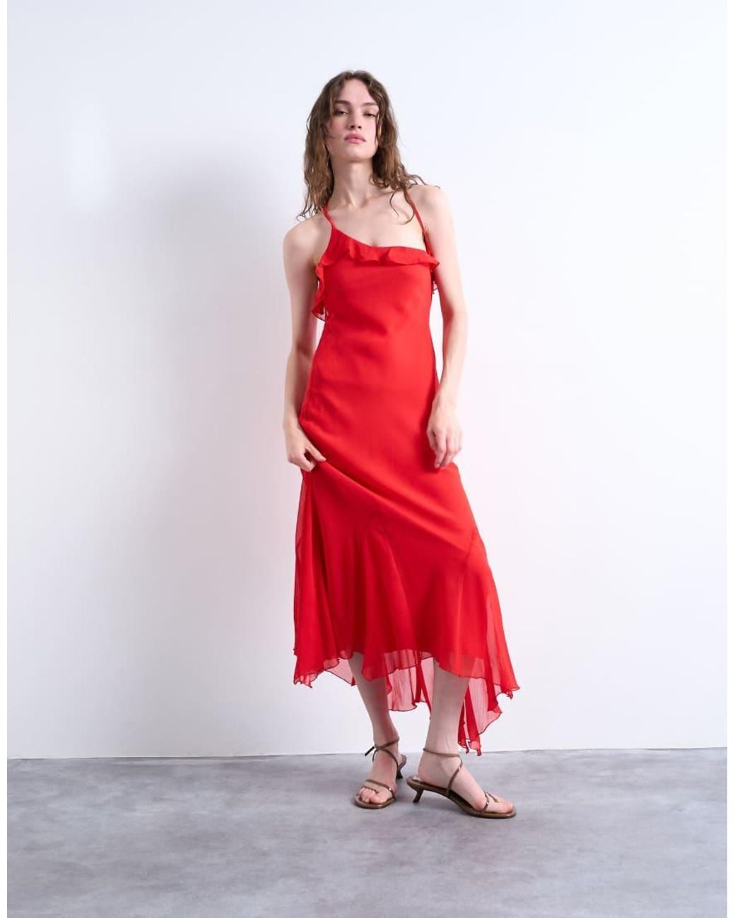 TOPSHOP Red Godet Hem Occasion Midi Dress