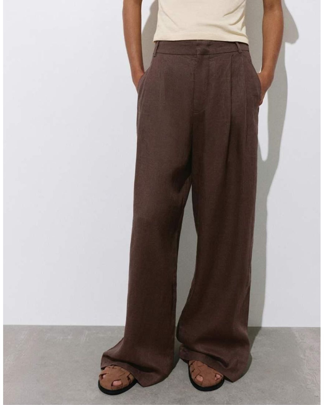 Pull&Bear White Linen Trousers With Pleats