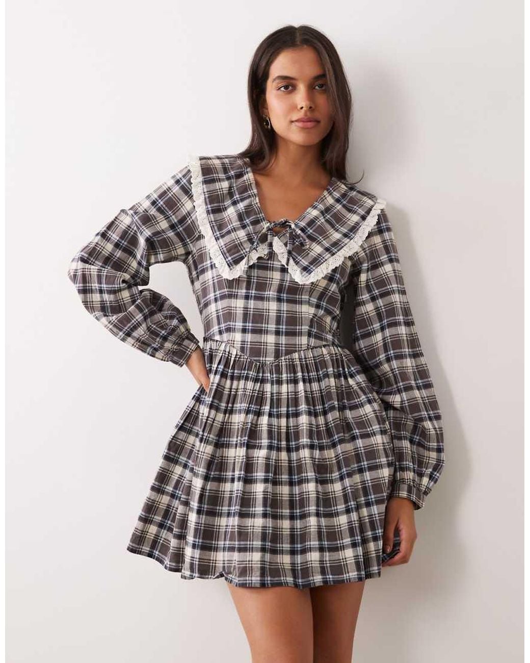 Nobody's Child Brown Kia Cotton Oversized Collar Balloon Sleeve Smock Mini Dress