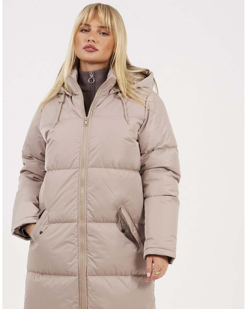 Brave Soul Natural Maxi Length Padded Jacket With Fixed Hood