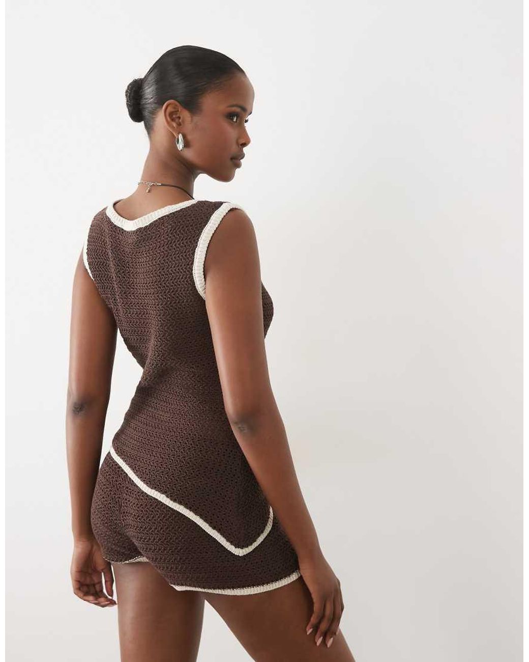 ASOS Brown Knitted Cinched Crochet Asymmetric Top Co Ord