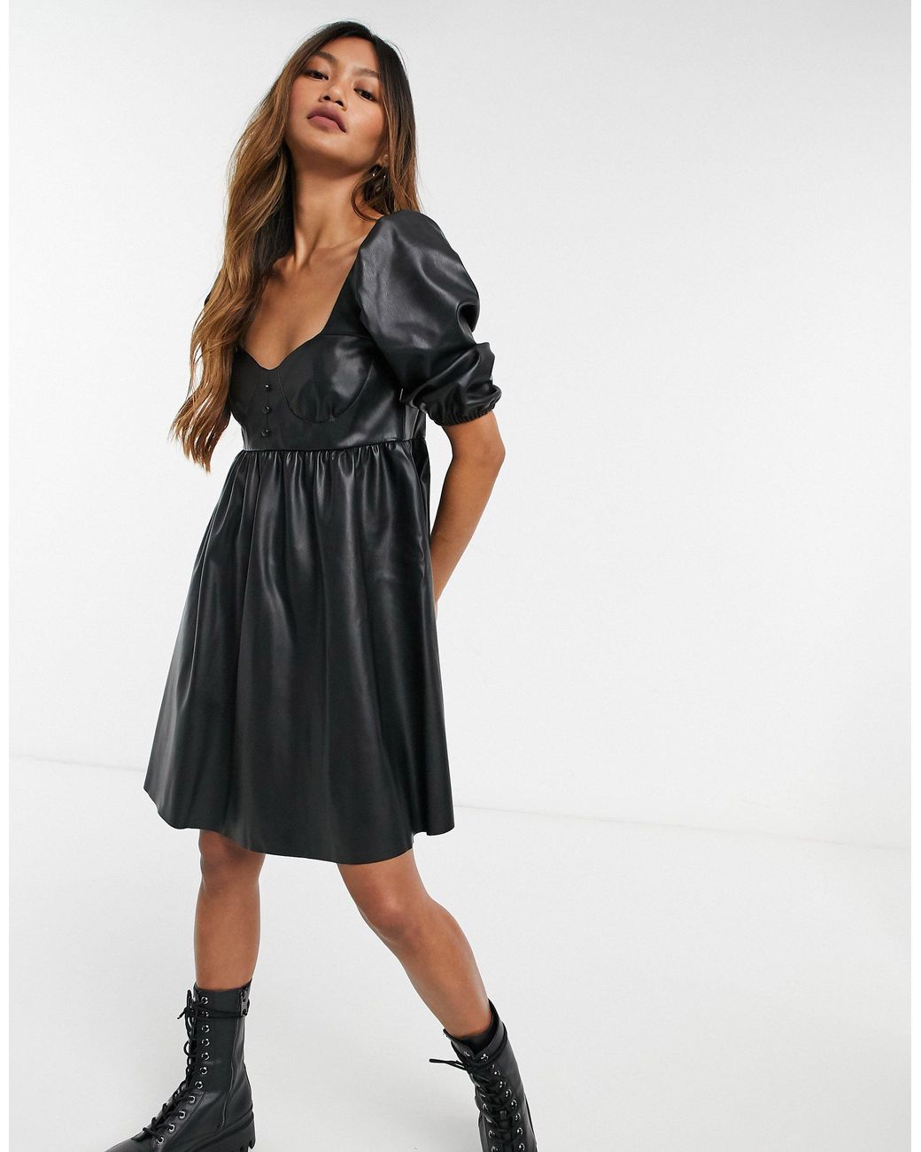ASOS Leather Look Mini Babydoll Dress in Black | Lyst UK