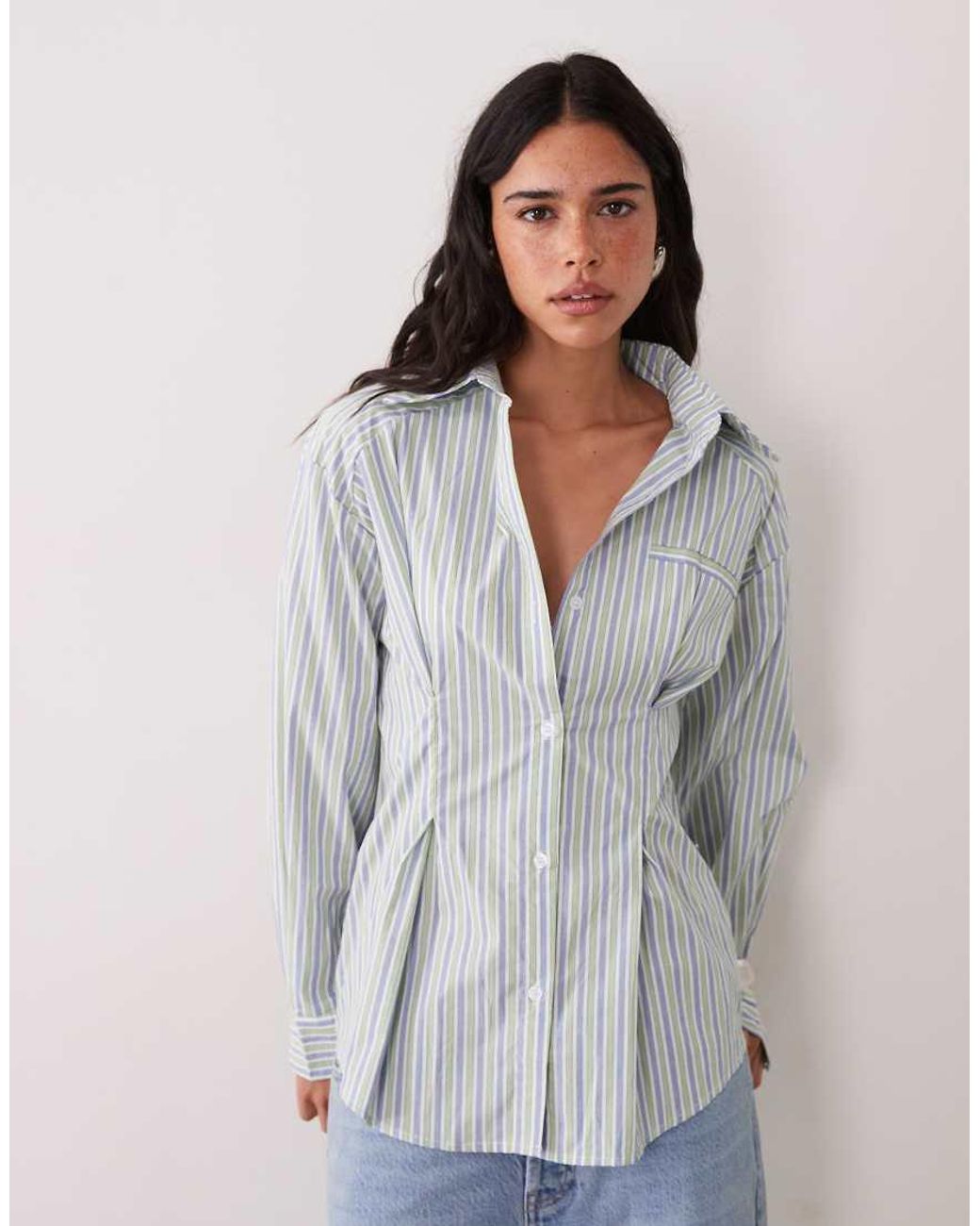 Camisa De Manga Larga De Algodón Con Detalle De Cintura Fruncida Y Raya Diplomática Azul Claro Ghospell de color Gray