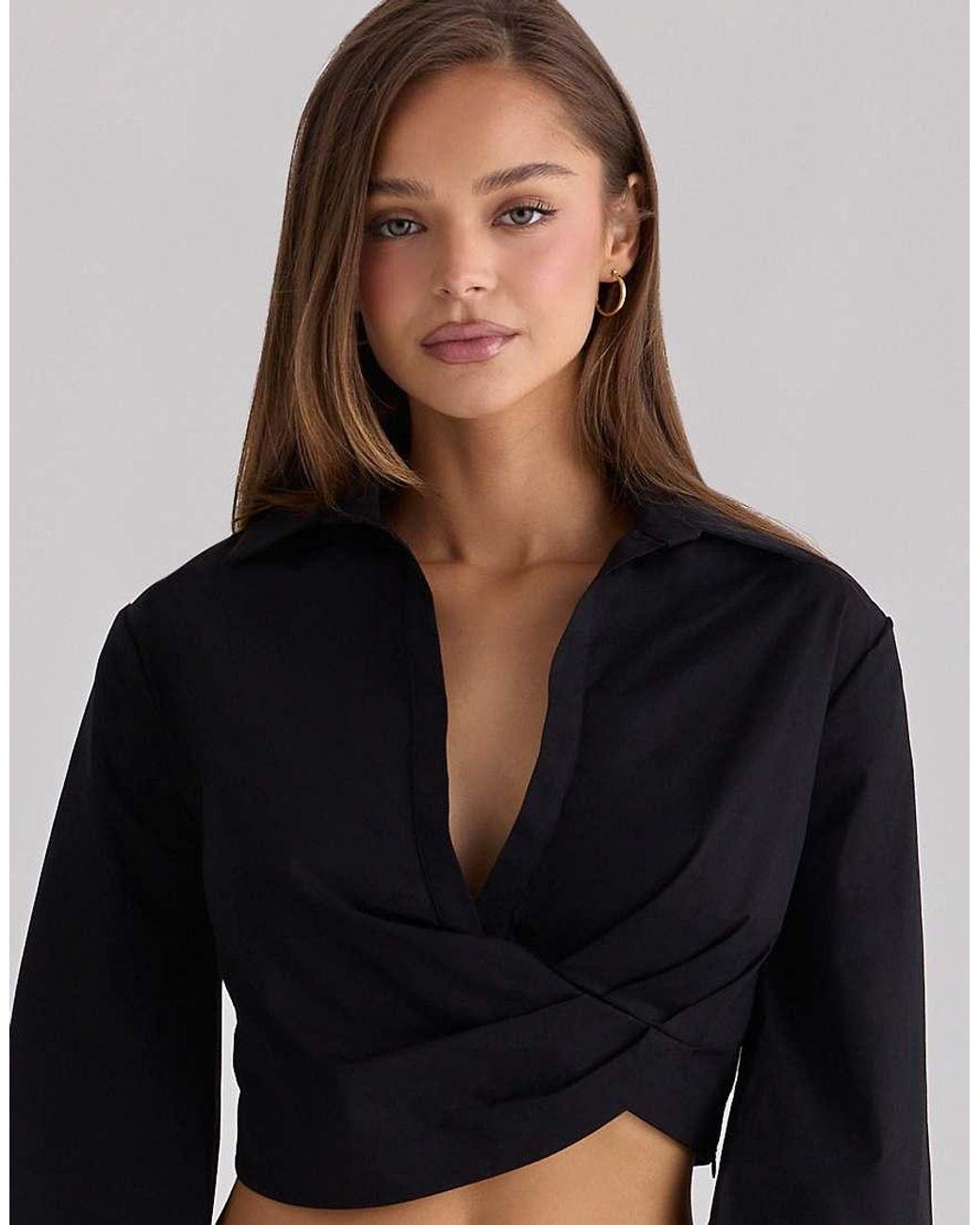 House Of Cb Blue Ivara Long Sleeve Cropped Cotton Shirt